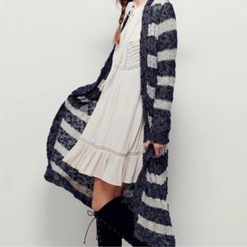 Free People Navy Blue Oatmeal Striped Free Spirit Open Front Duster Cardigan - Picture 2 of 10